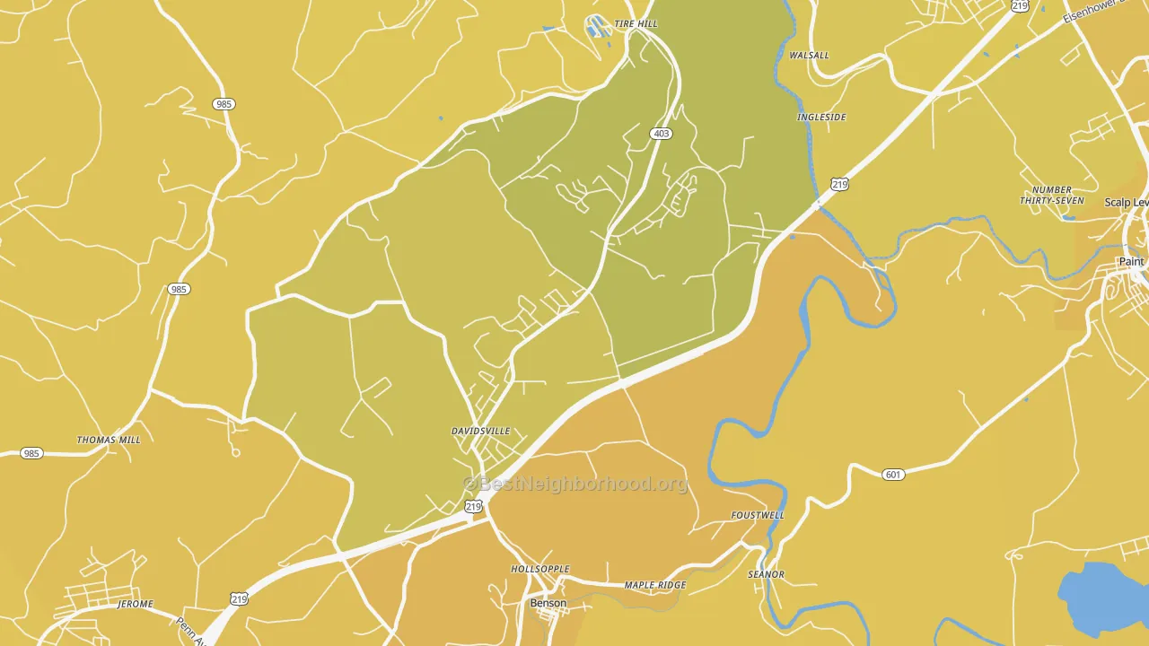 Map of the best neighborhoods in the 15928 area, with better matches in green and worse matches in red
