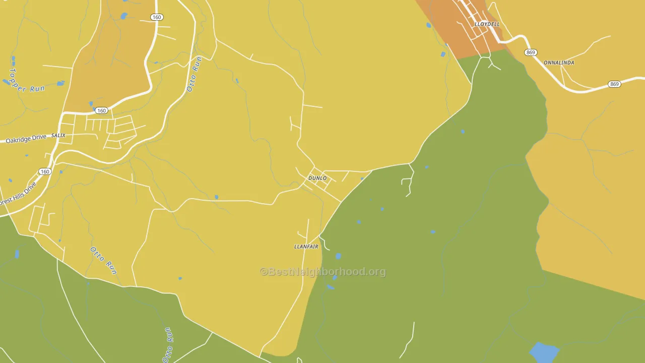 Map of the best neighborhoods in the 15930 area, with better matches in green and worse matches in red