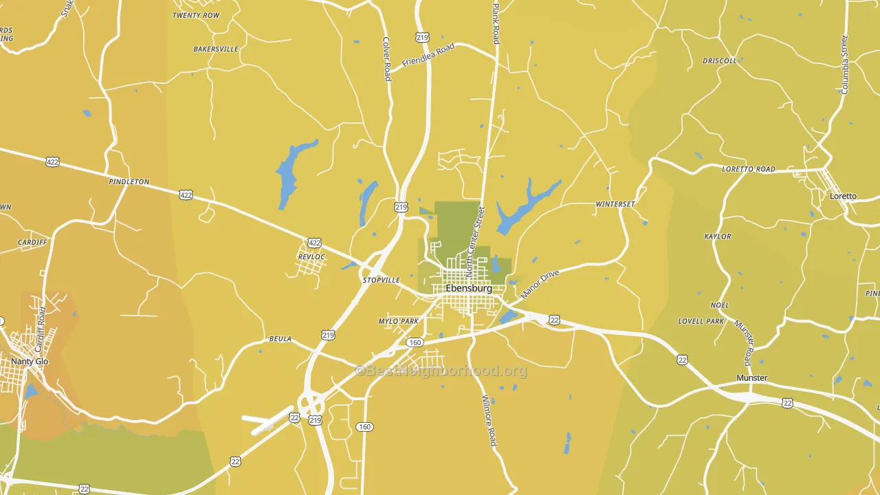 Map of the best neighborhoods in the 15931 area, with better matches in green and worse matches in red