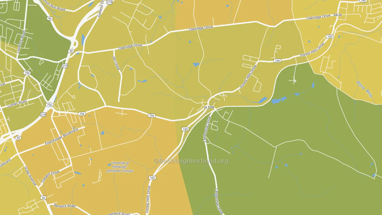 Map of the best neighborhoods in the 15934 area, with better matches in green and worse matches in red