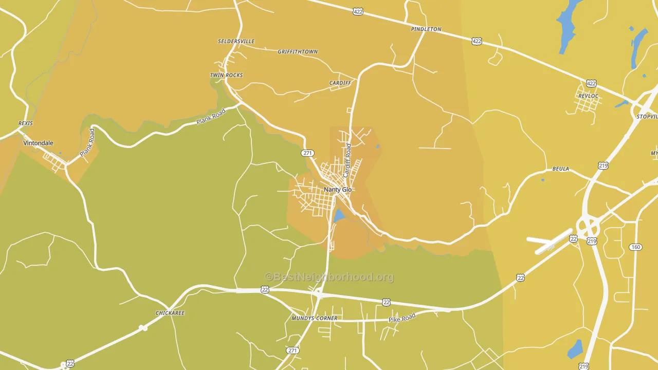 Map of the best neighborhoods in the 15943 area, with better matches in green and worse matches in red