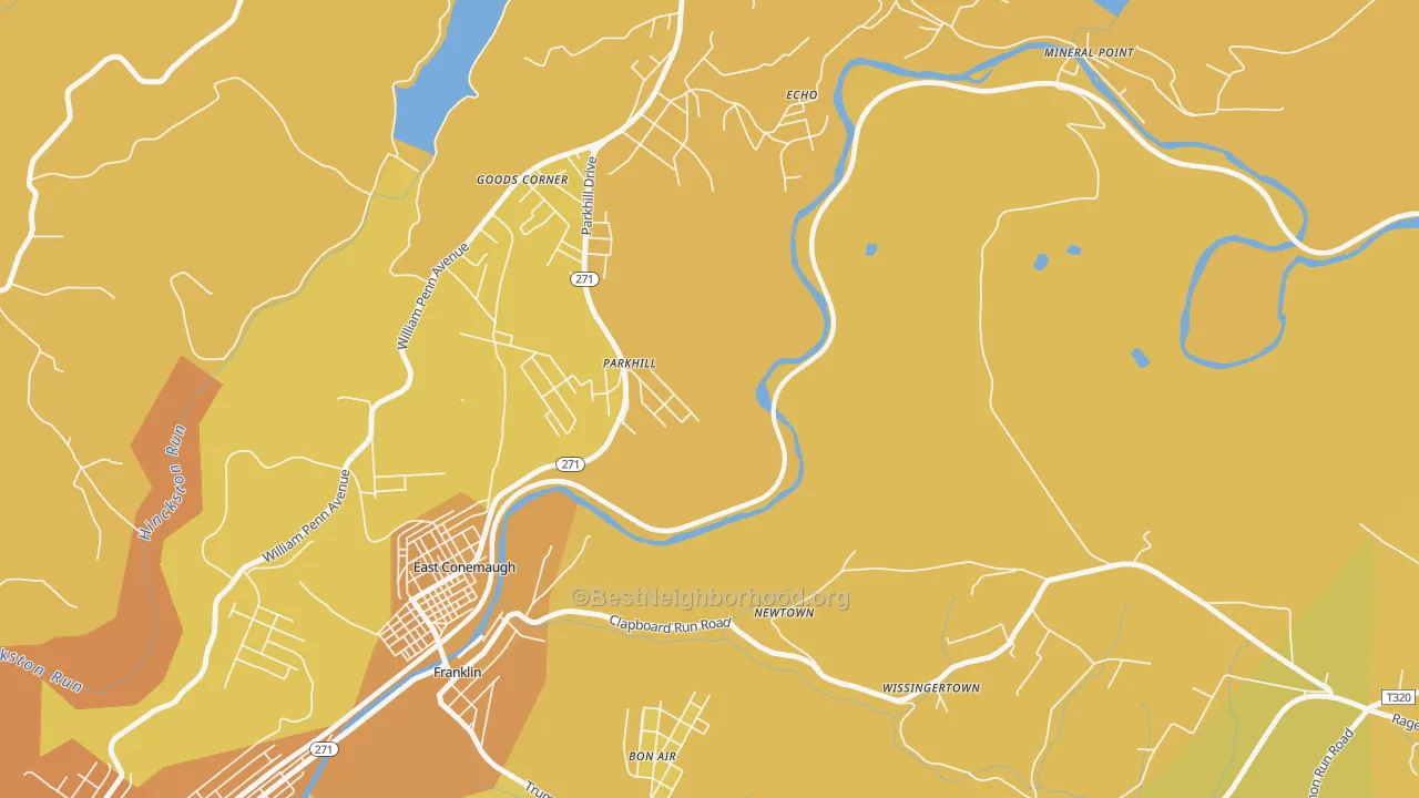 Map of the best neighborhoods in the 15945 area, with better matches in green and worse matches in red