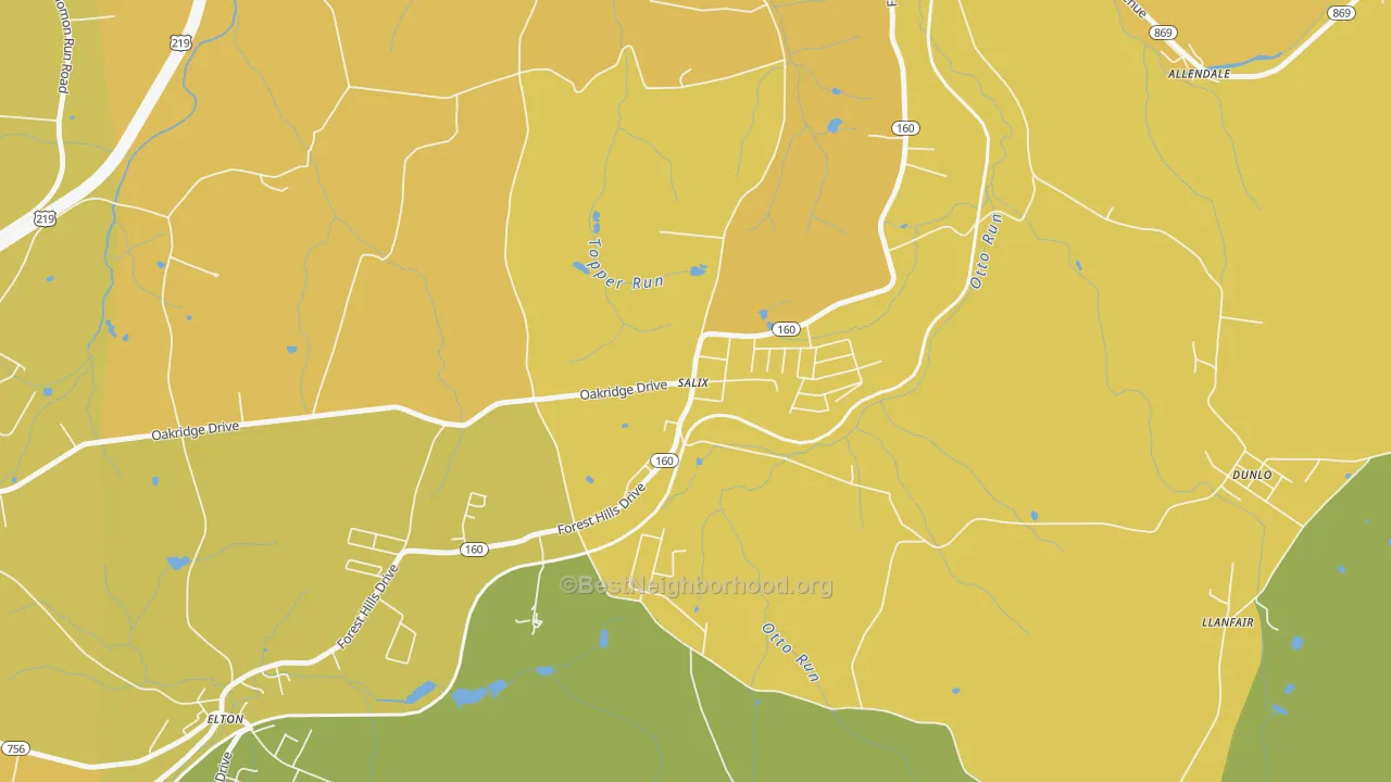 Map of the best neighborhoods in the 15952 area, with better matches in green and worse matches in red