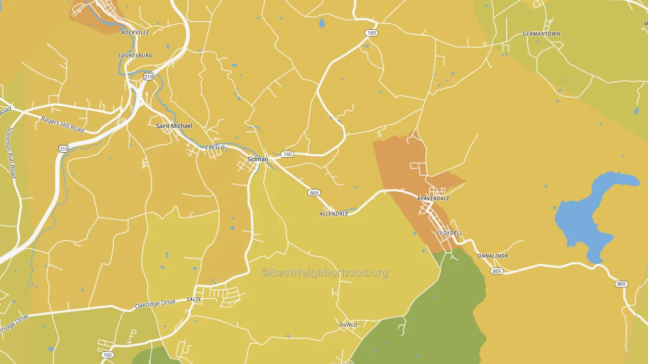 Map of the best neighborhoods in the 15955 area, with better matches in green and worse matches in red