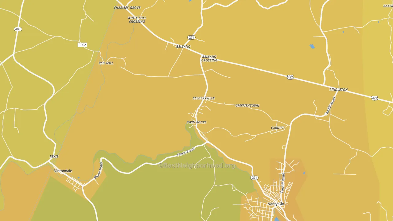 Map of the best neighborhoods in the 15960 area, with better matches in green and worse matches in red