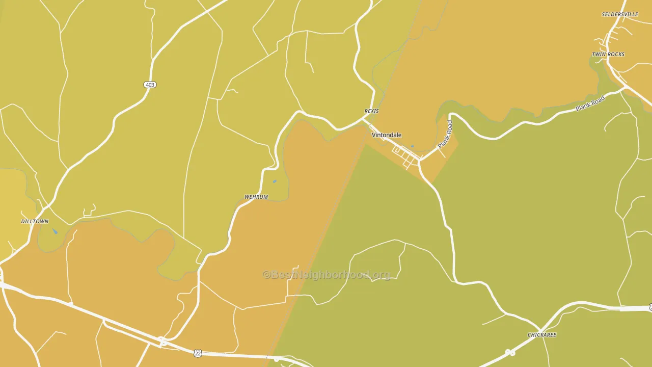 Map of the best neighborhoods in the 15961 area, with better matches in green and worse matches in red