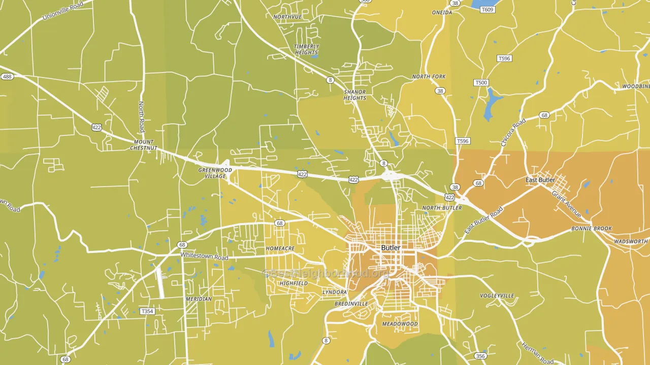Map of the best neighborhoods in the 16001 area, with better matches in green and worse matches in red