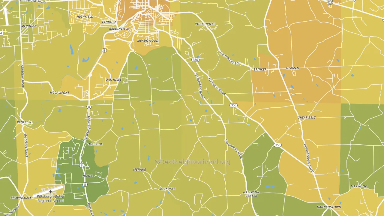Map of the best neighborhoods in the 16002 area, with better matches in green and worse matches in red