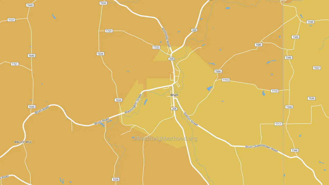 Map of the best neighborhoods in the 16022 area, with better matches in green and worse matches in red