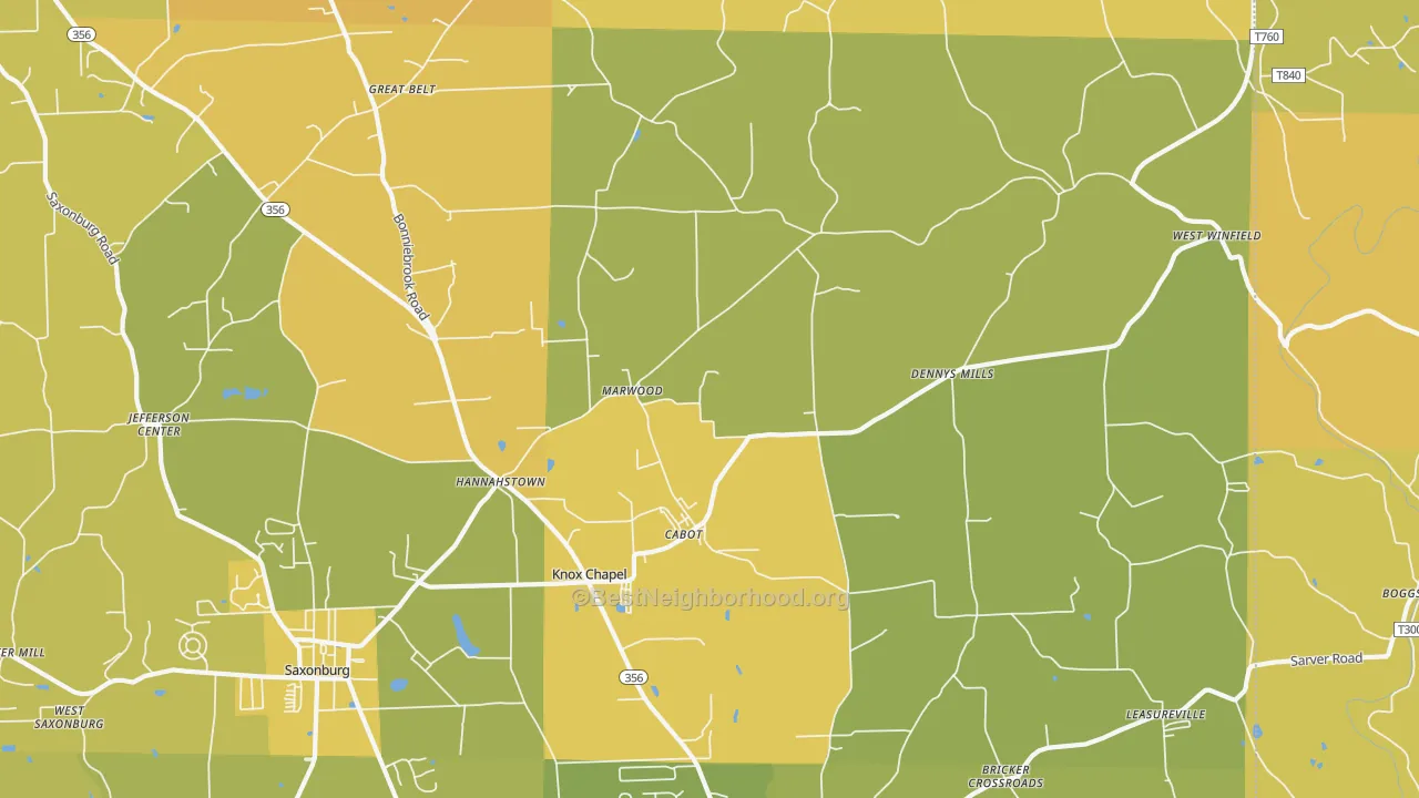 Map of the best neighborhoods in the 16023 area, with better matches in green and worse matches in red