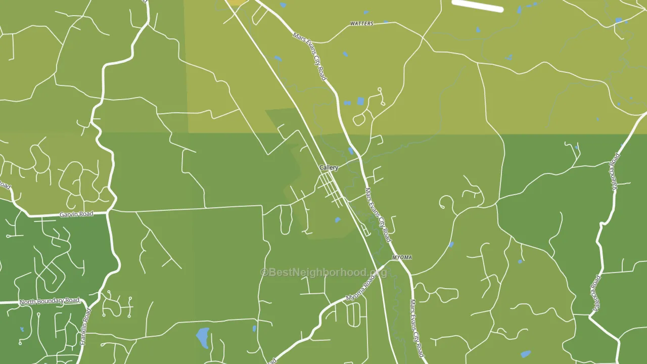 Map of the best neighborhoods in the 16024 area, with better matches in green and worse matches in red