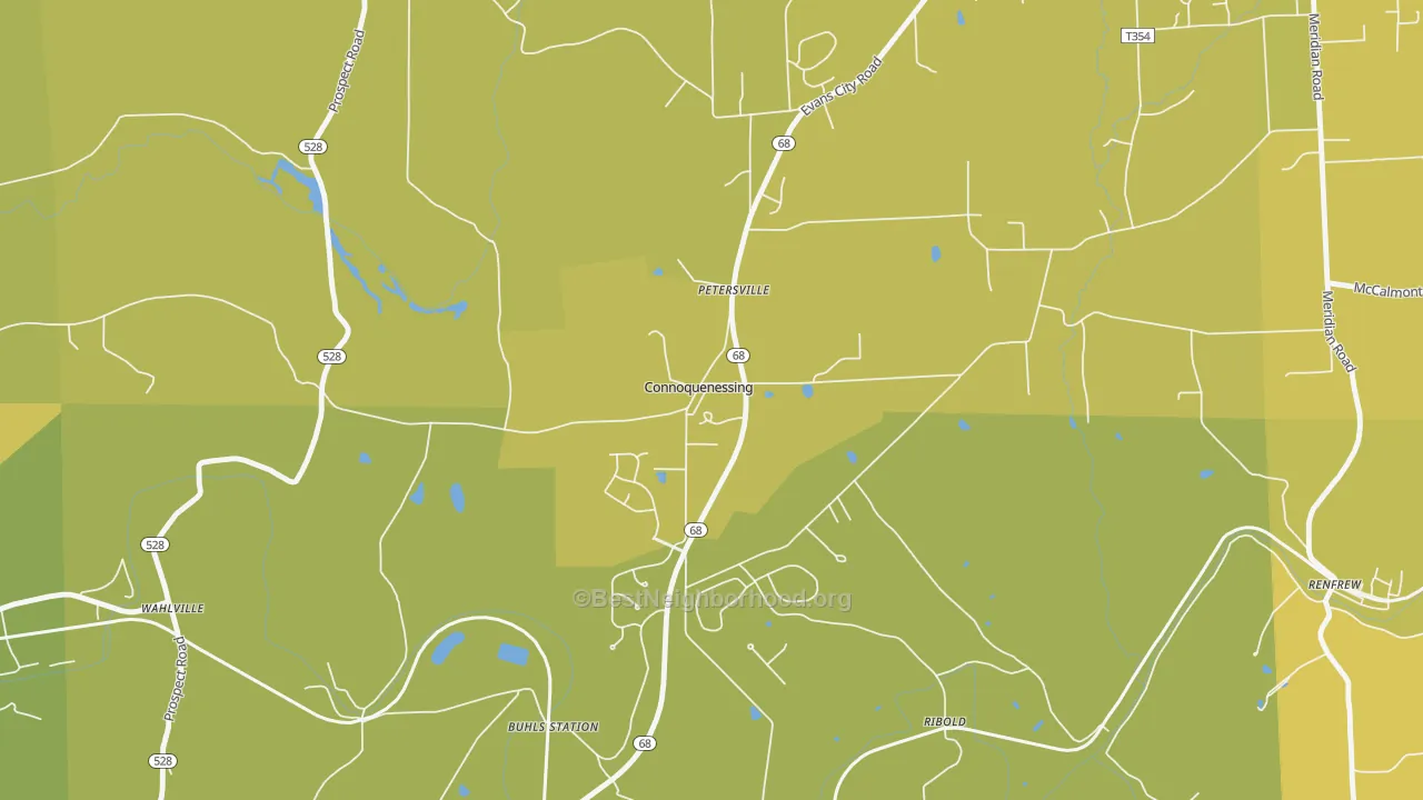Map of the best neighborhoods in the 16027 area, with better matches in green and worse matches in red