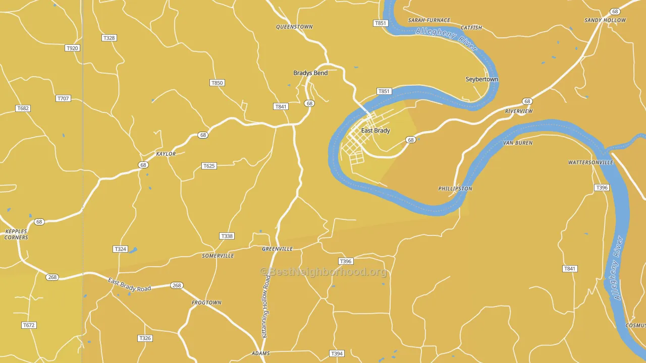 Map of the best neighborhoods in the 16028 area, with better matches in green and worse matches in red