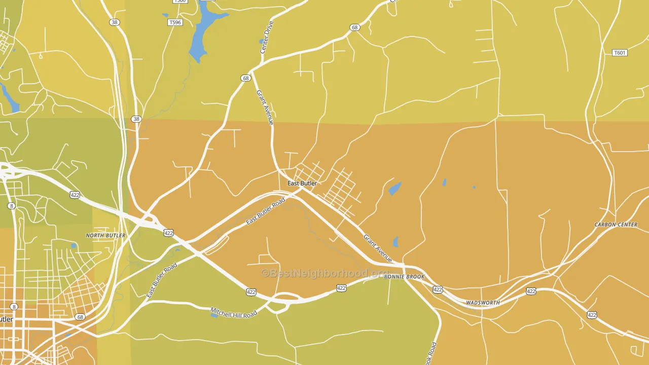 Map of the best neighborhoods in the 16029 area, with better matches in green and worse matches in red