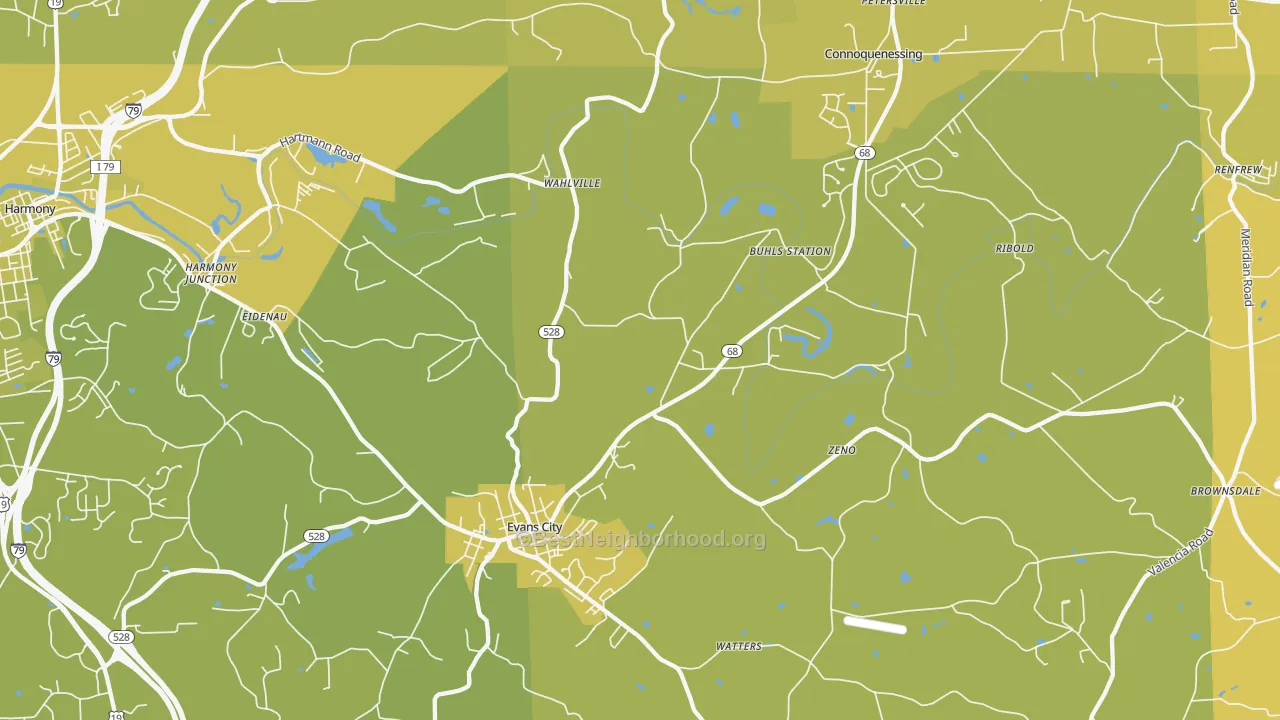 Map of the best neighborhoods in the 16033 area, with better matches in green and worse matches in red