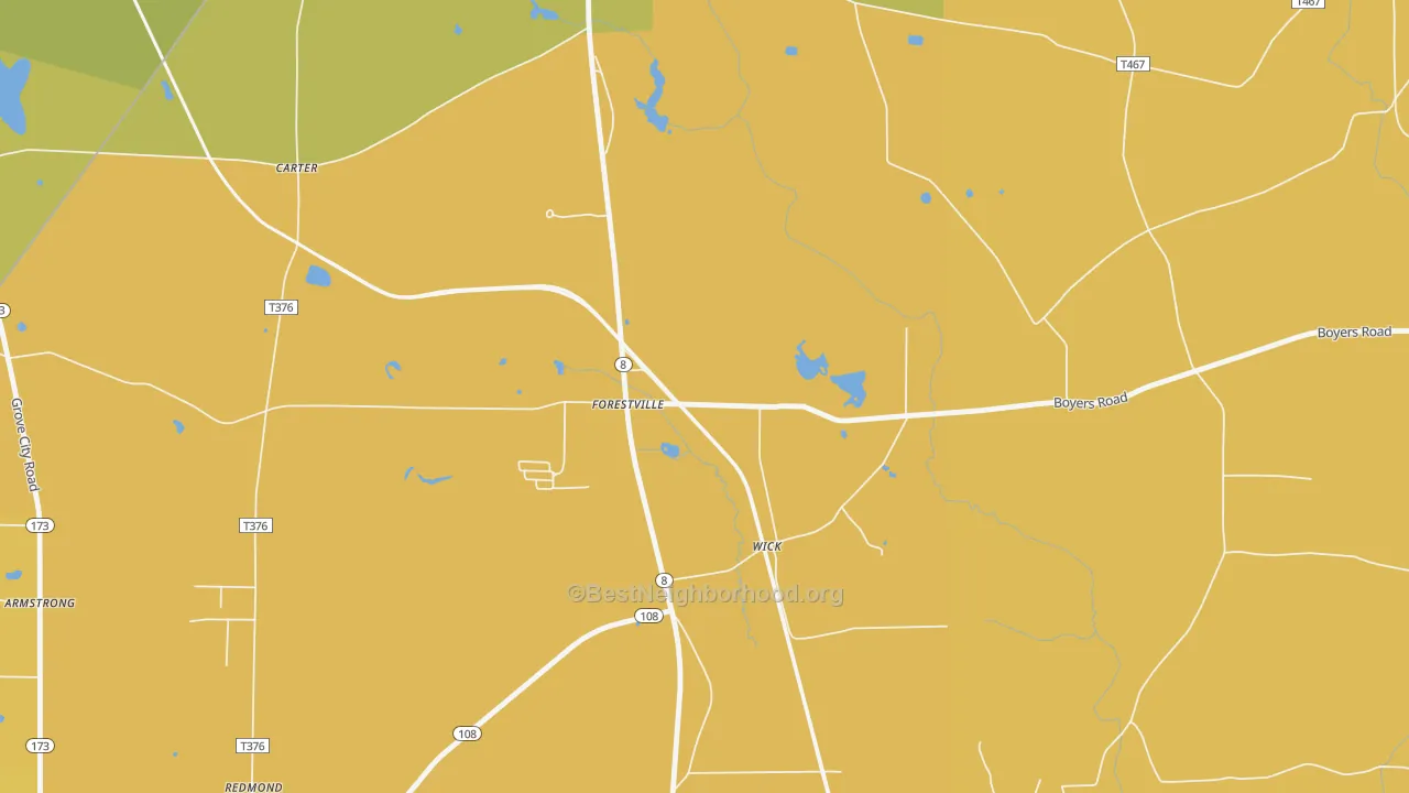 Map of the best neighborhoods in the 16035 area, with better matches in green and worse matches in red