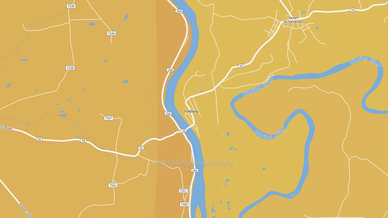 Map of the best neighborhoods in the 16036 area, with better matches in green and worse matches in red