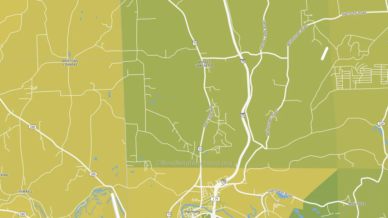 Map of the best neighborhoods in the 16037 area, with better matches in green and worse matches in red