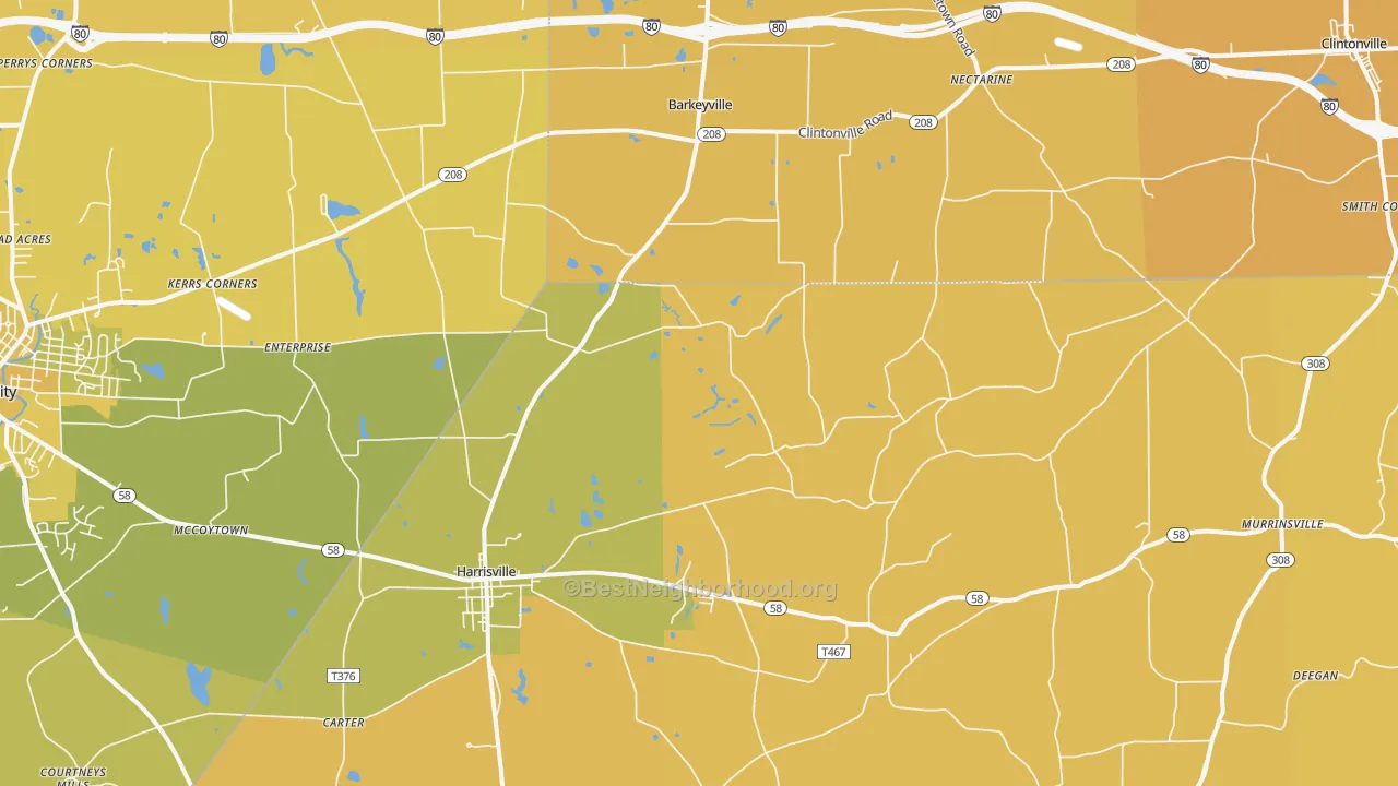 Map of the best neighborhoods in the 16038 area, with better matches in green and worse matches in red