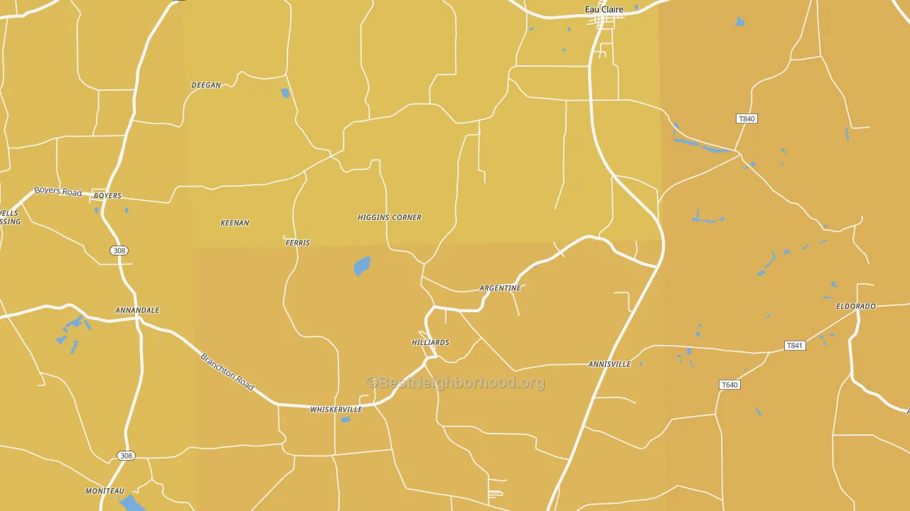 Map of the best neighborhoods in the 16040 area, with better matches in green and worse matches in red
