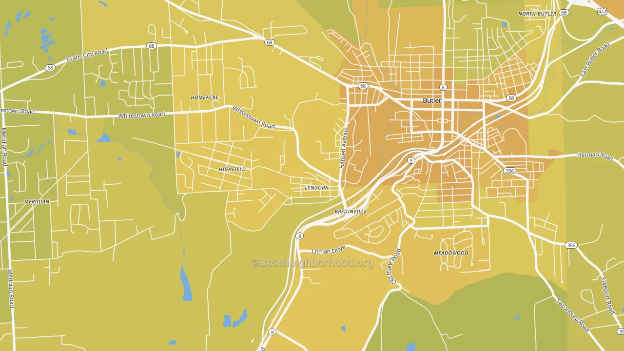 Map of the best neighborhoods in the 16045 area, with better matches in green and worse matches in red