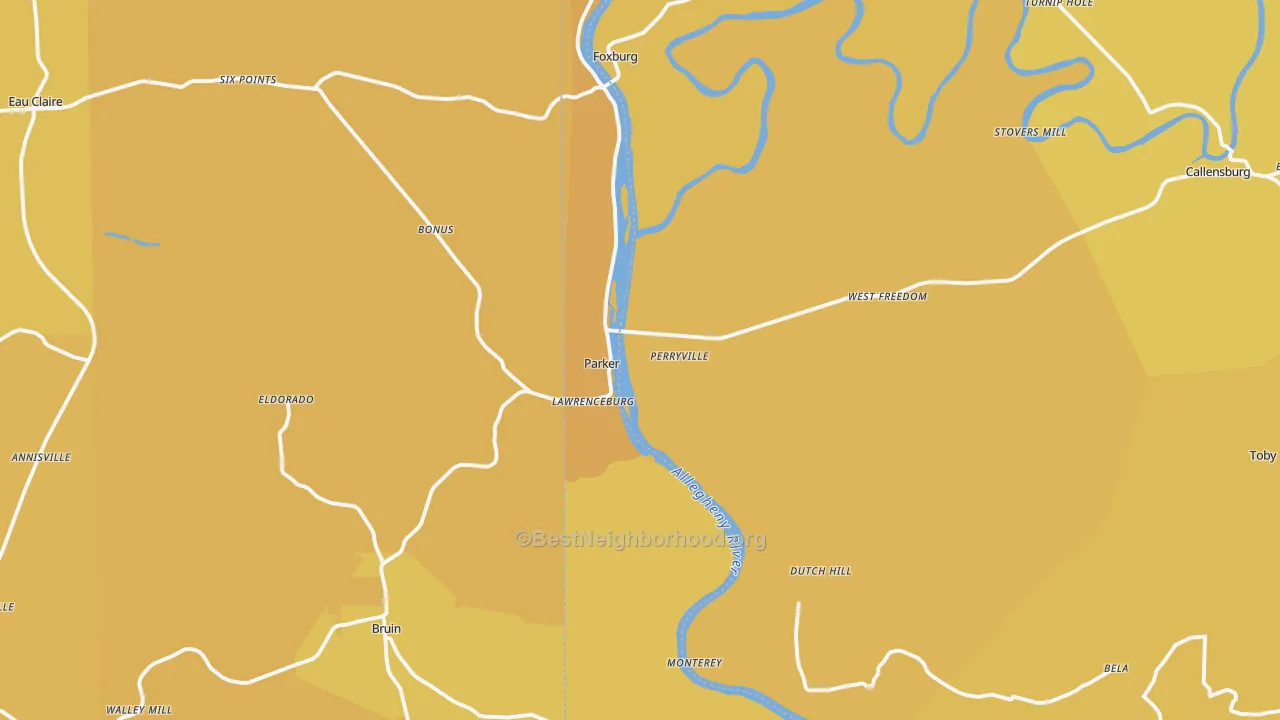 Map of the best neighborhoods in the 16049 area, with better matches in green and worse matches in red