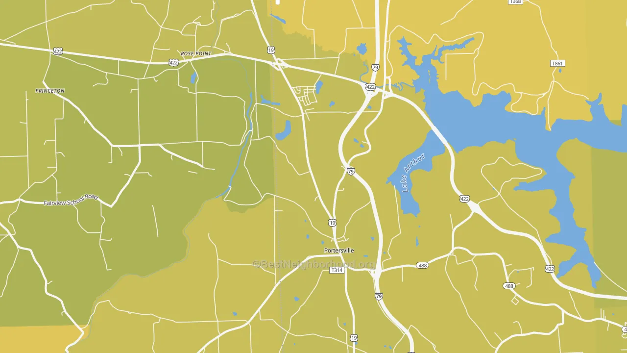 Map of the best neighborhoods in the 16051 area, with better matches in green and worse matches in red