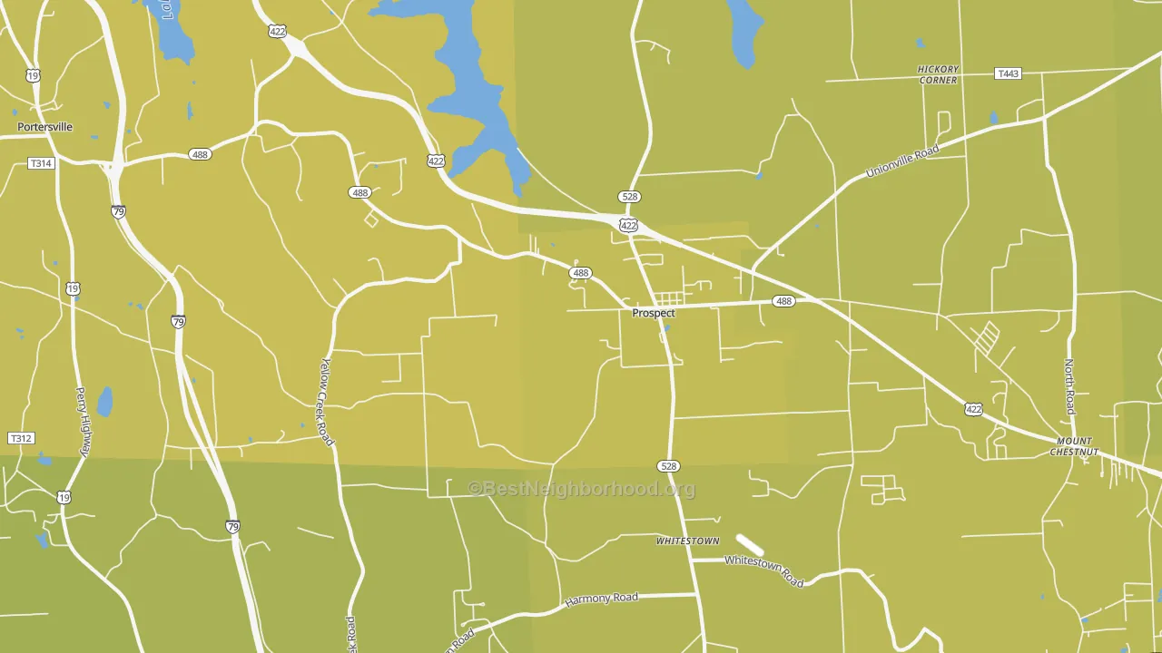 Map of the best neighborhoods in the 16052 area, with better matches in green and worse matches in red
