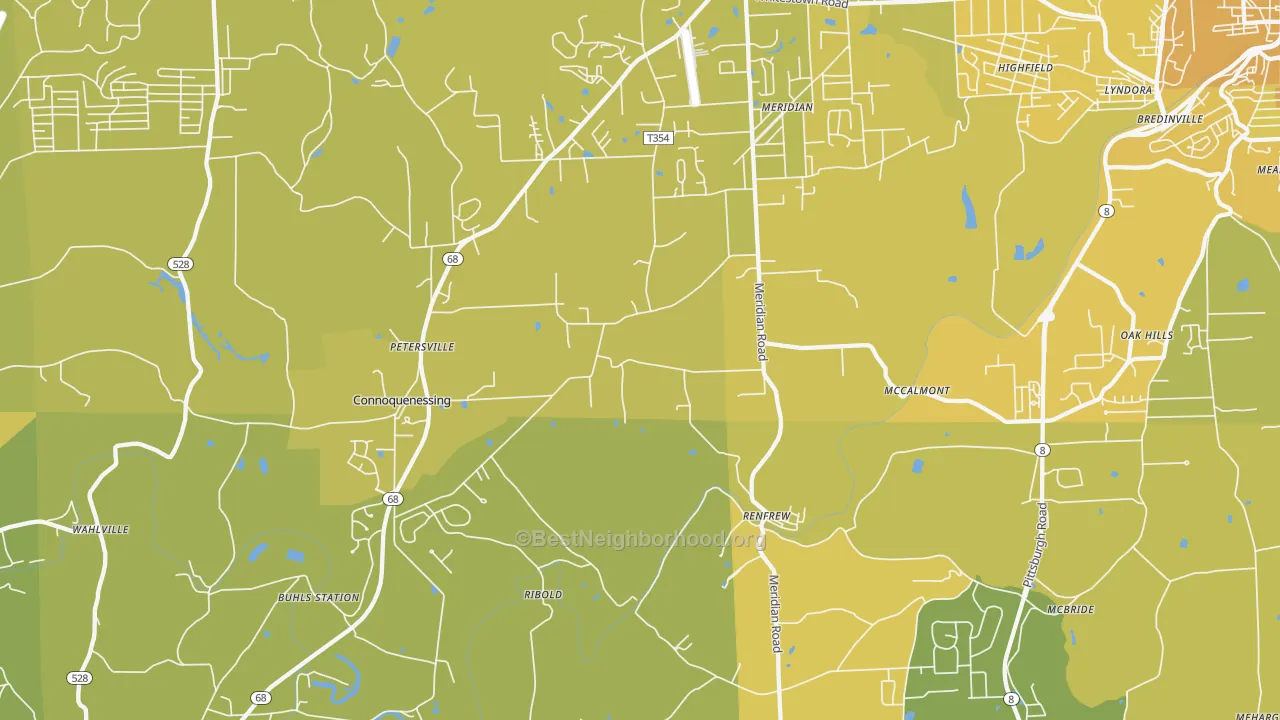 Map of the best neighborhoods in the 16053 area, with better matches in green and worse matches in red