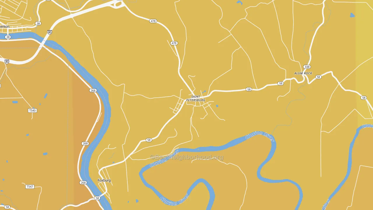 Map of the best neighborhoods in the 16054 area, with better matches in green and worse matches in red