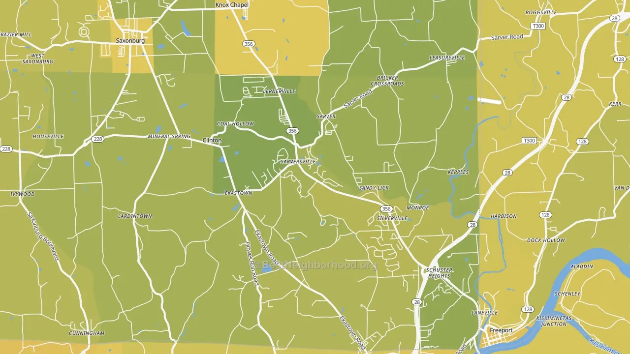 Map of the best neighborhoods in the 16055 area, with better matches in green and worse matches in red