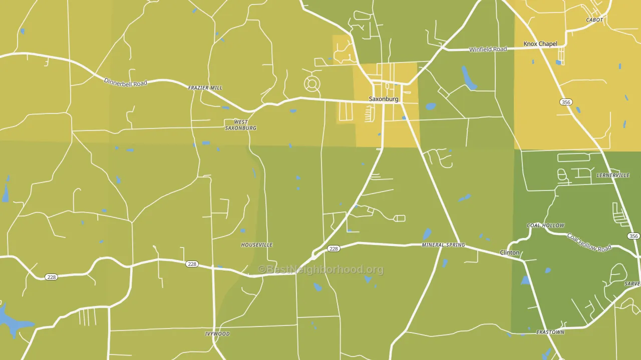 Map of the best neighborhoods in the 16056 area, with better matches in green and worse matches in red
