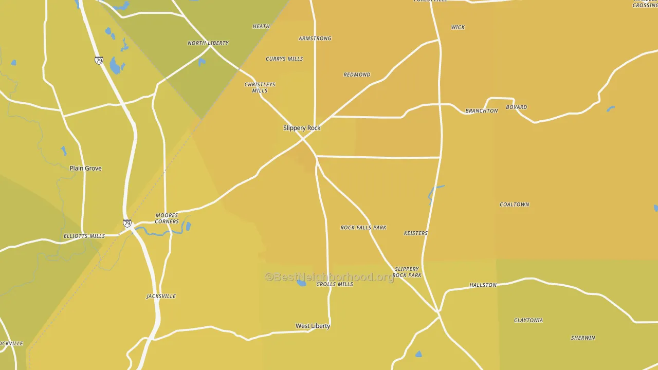 Map of the best neighborhoods in the 16057 area, with better matches in green and worse matches in red