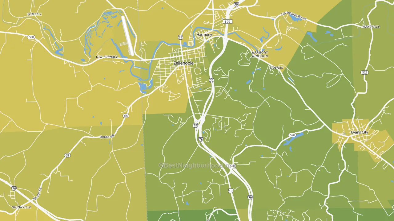 Map of the best neighborhoods in the 16063 area, with better matches in green and worse matches in red