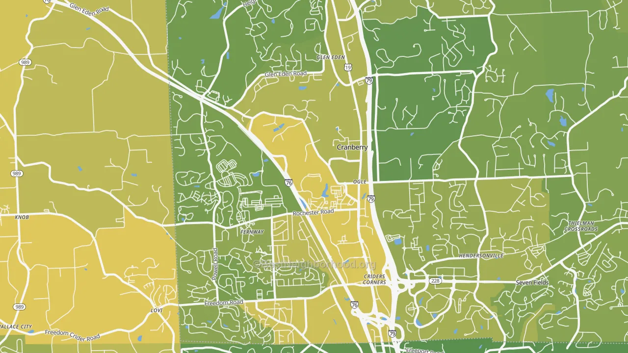 Map of the best neighborhoods in the 16066 area, with better matches in green and worse matches in red