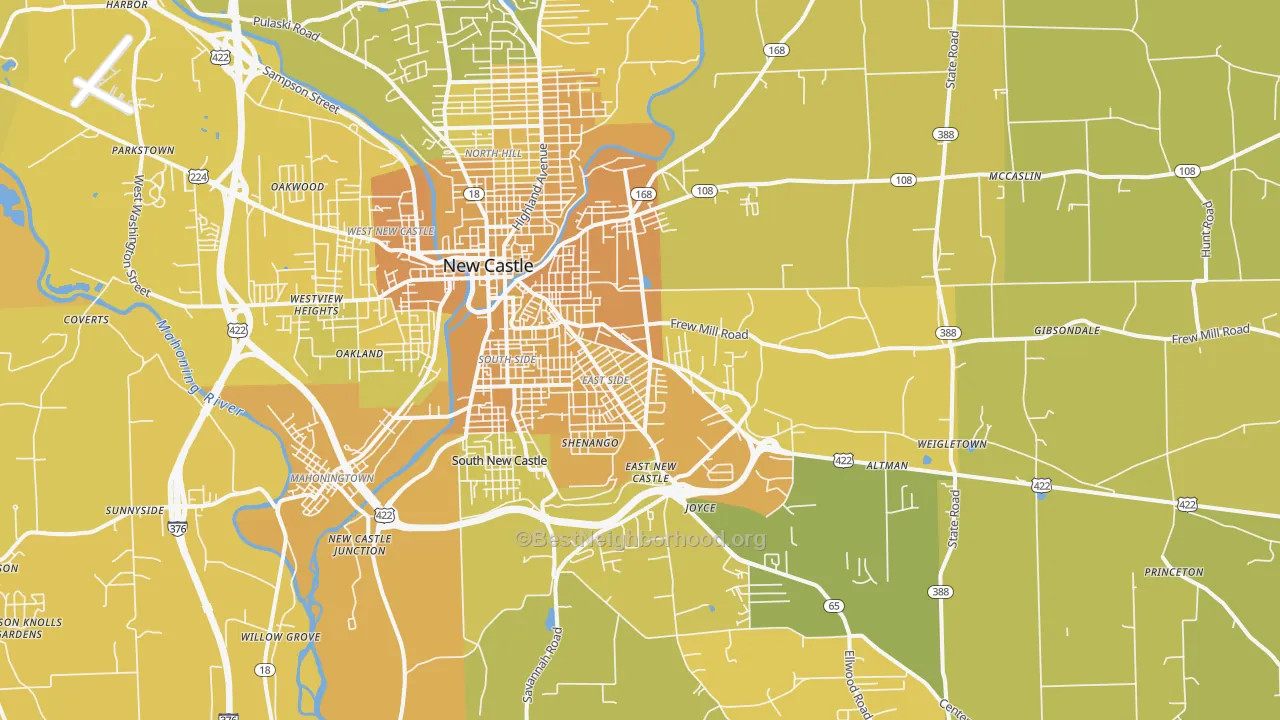 Map of the best neighborhoods in the 16101 area, with better matches in green and worse matches in red