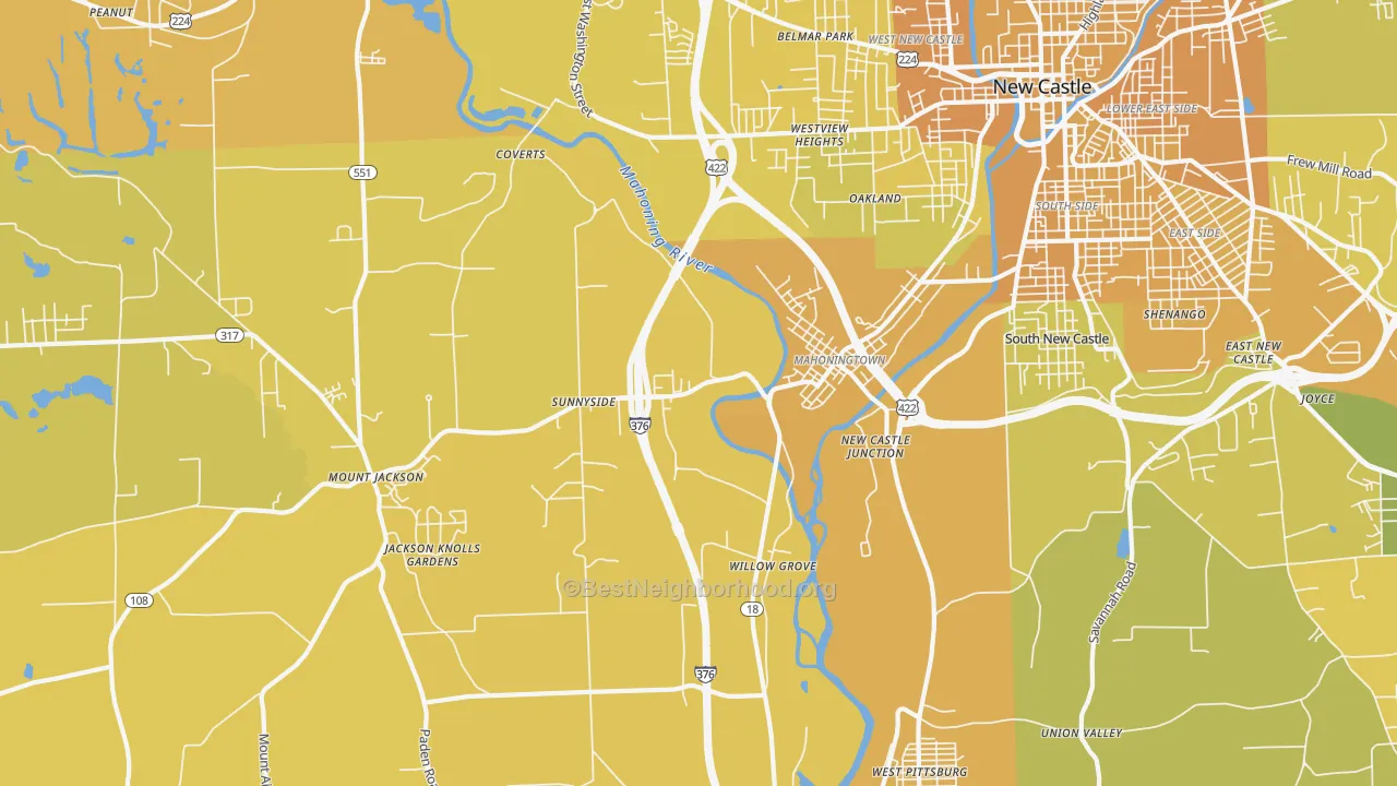 Map of the best neighborhoods in the 16102 area, with better matches in green and worse matches in red