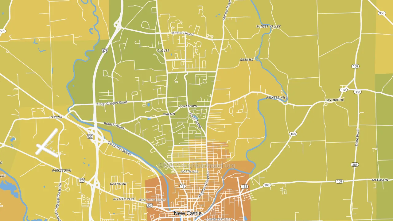 Map of the best neighborhoods in the 16105 area, with better matches in green and worse matches in red