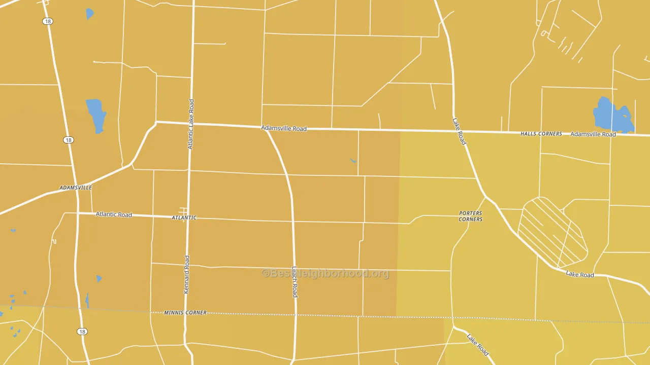 Map of the best neighborhoods in the 16111 area, with better matches in green and worse matches in red