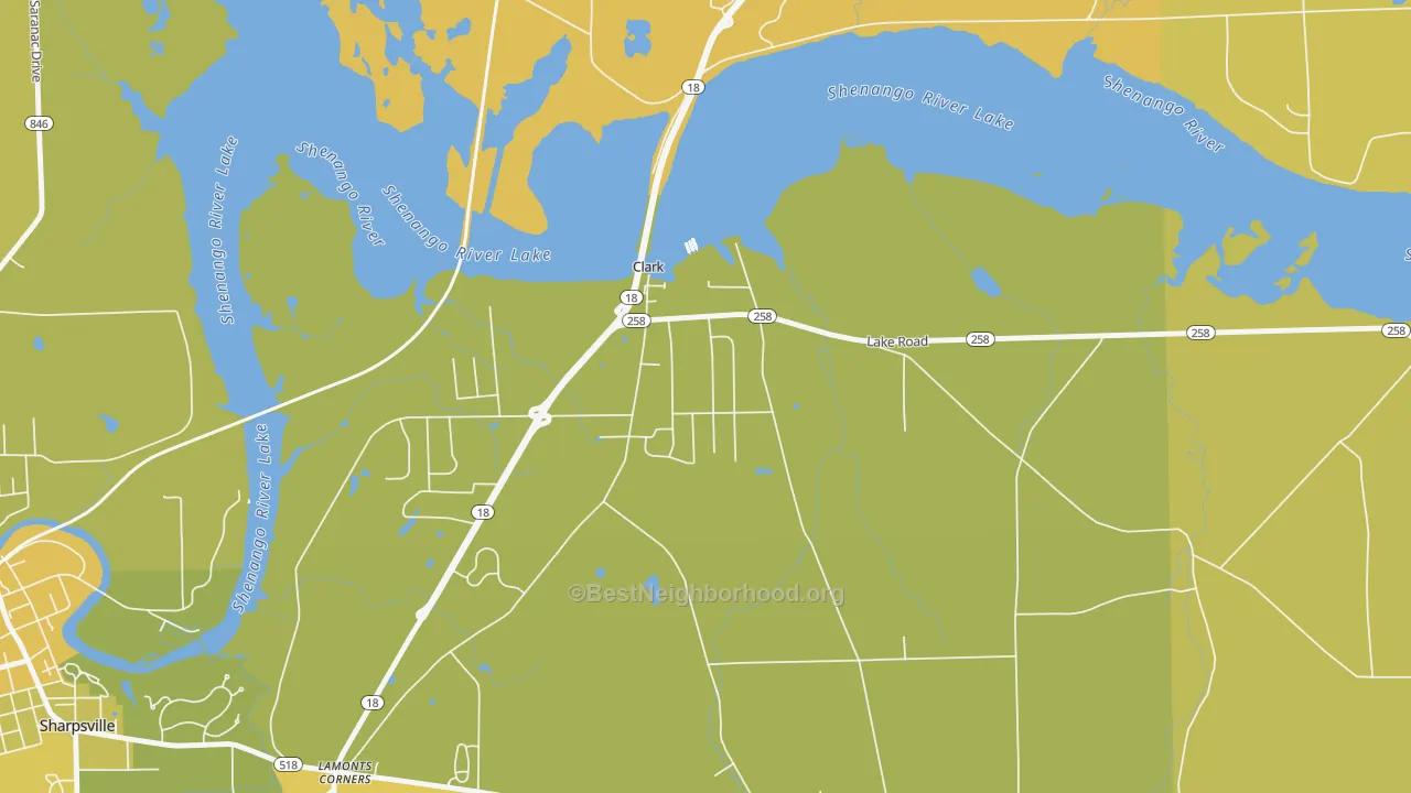 Map of the best neighborhoods in the 16113 area, with better matches in green and worse matches in red