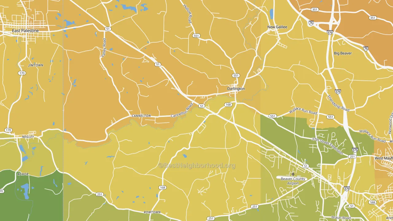 Map of the best neighborhoods in the 16115 area, with better matches in green and worse matches in red