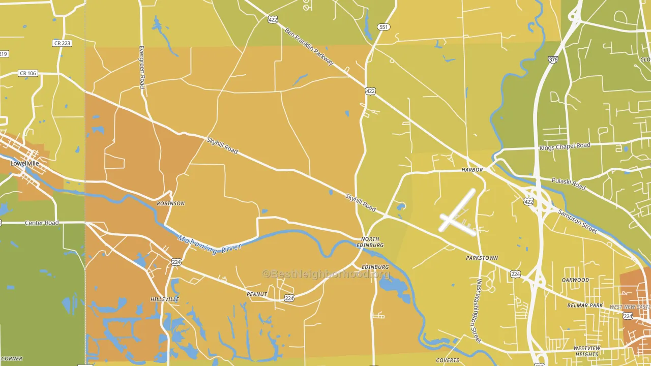 Map of the best neighborhoods in the 16116 area, with better matches in green and worse matches in red