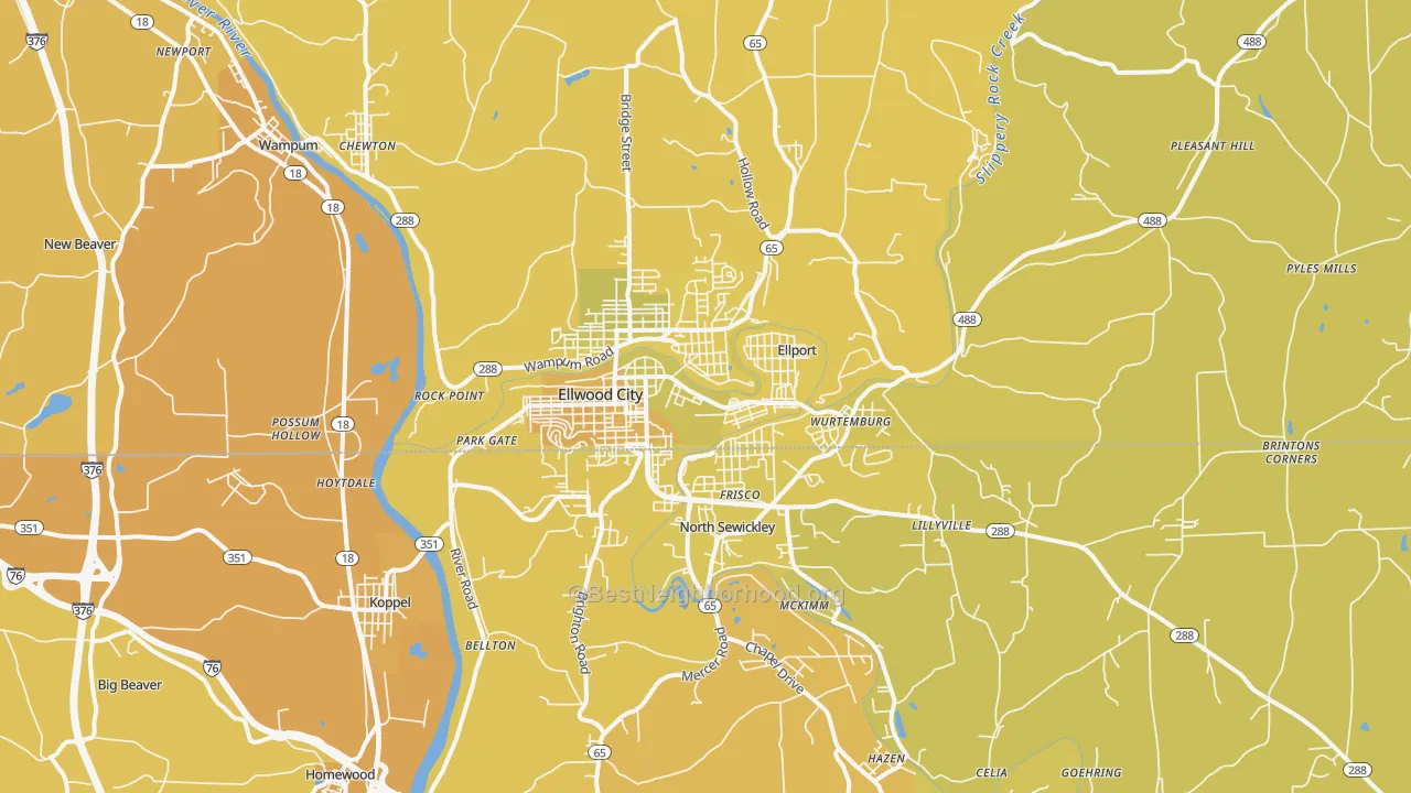 Map of the best neighborhoods in the 16117 area, with better matches in green and worse matches in red
