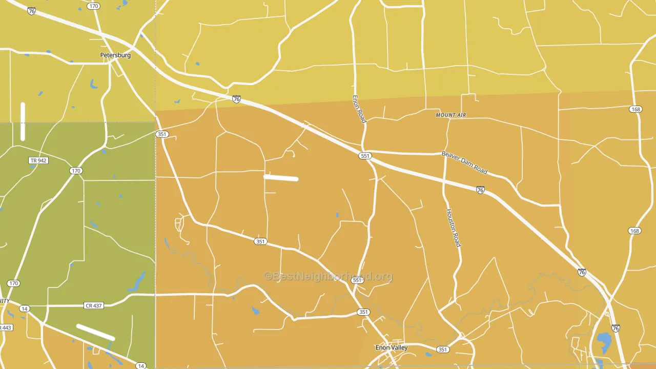 Map of the best neighborhoods in the 16120 area, with better matches in green and worse matches in red