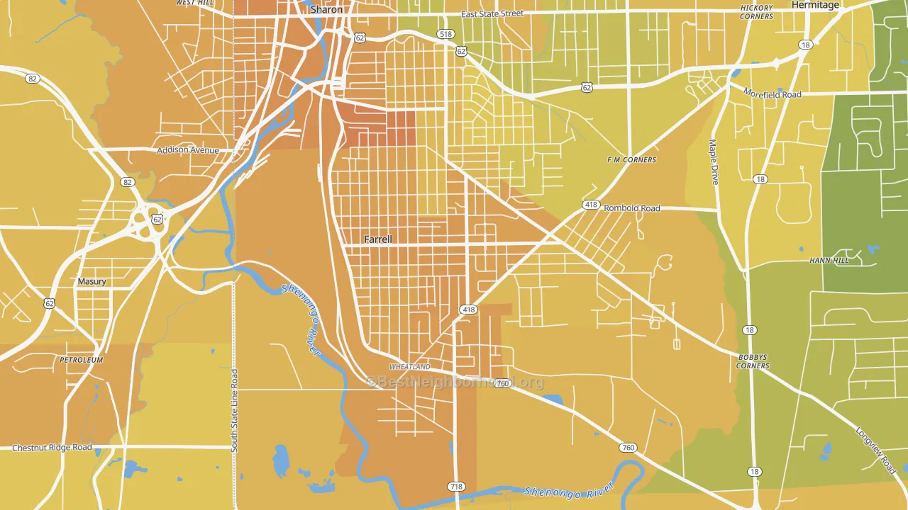 Map of the best neighborhoods in the 16121 area, with better matches in green and worse matches in red