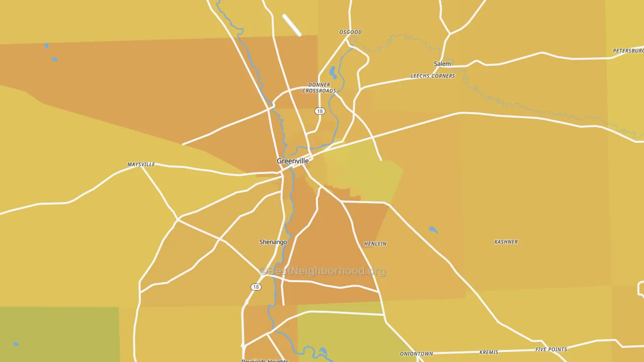 Map of the best neighborhoods in the 16125 area, with better matches in green and worse matches in red