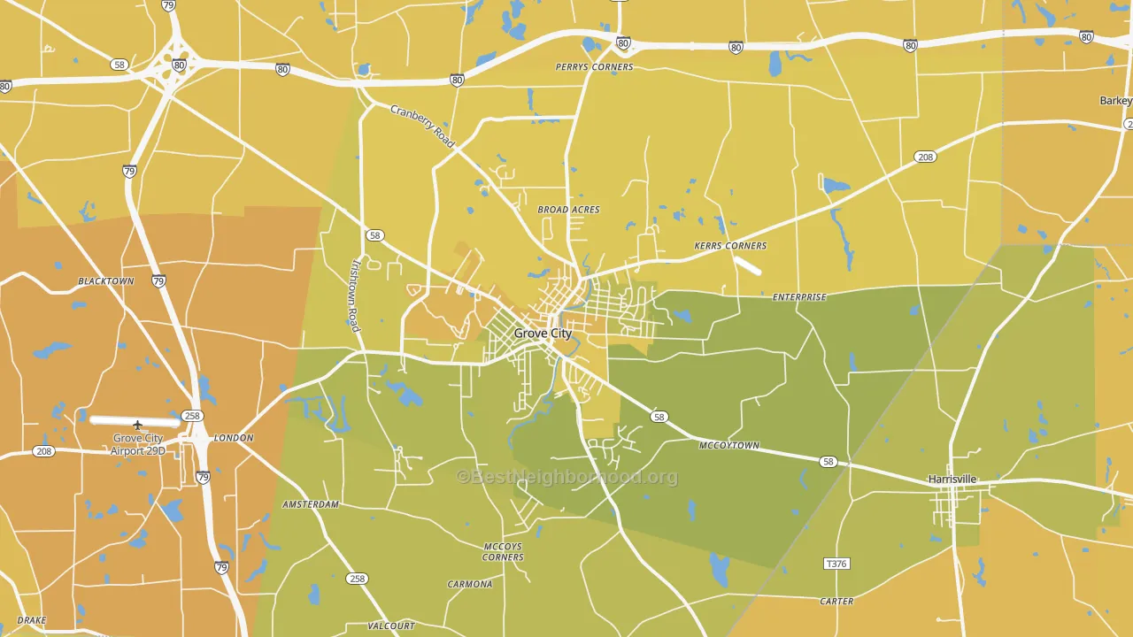 Map of the best neighborhoods in the 16127 area, with better matches in green and worse matches in red