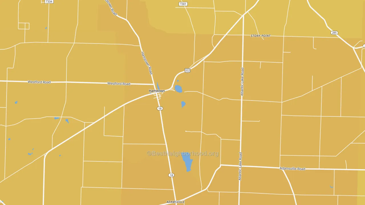 Map of the best neighborhoods in the 16131 area, with better matches in green and worse matches in red