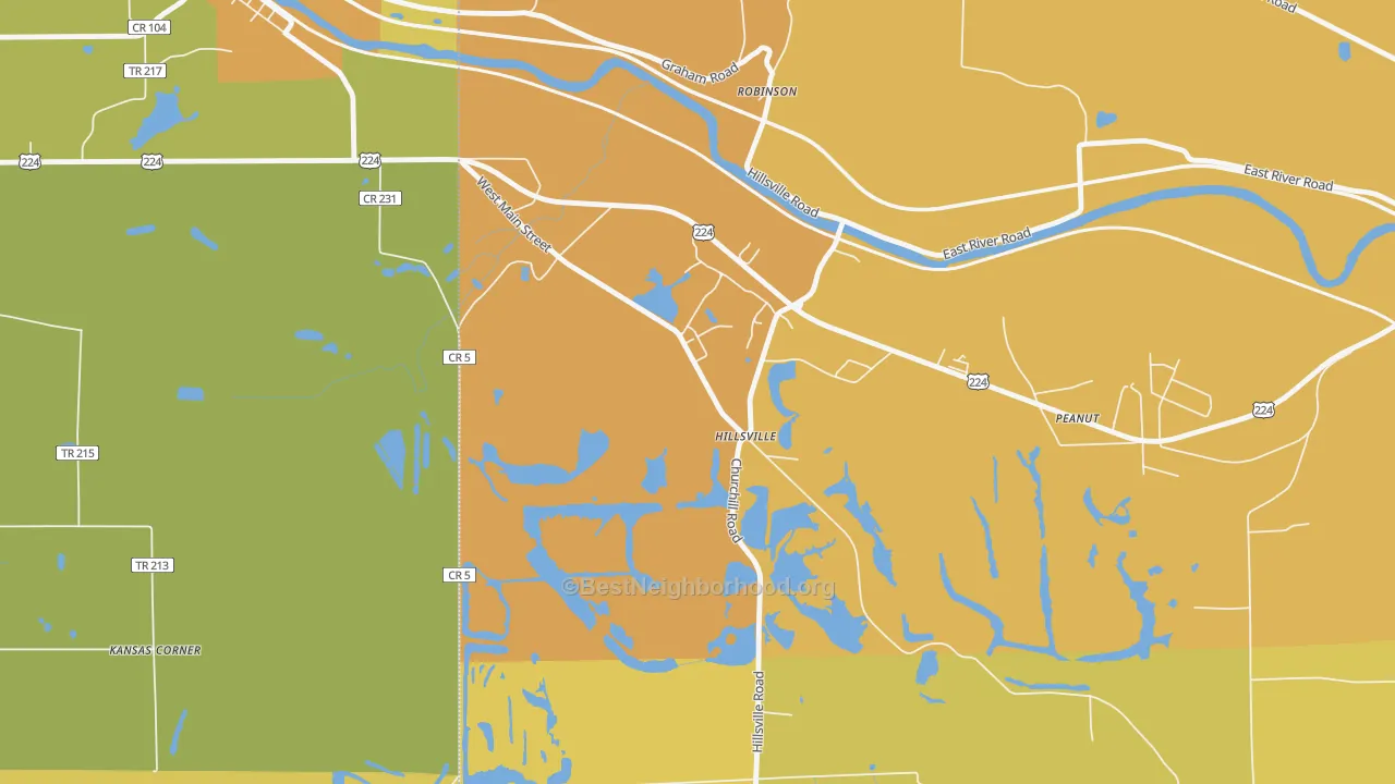 Map of the best neighborhoods in the 16132 area, with better matches in green and worse matches in red