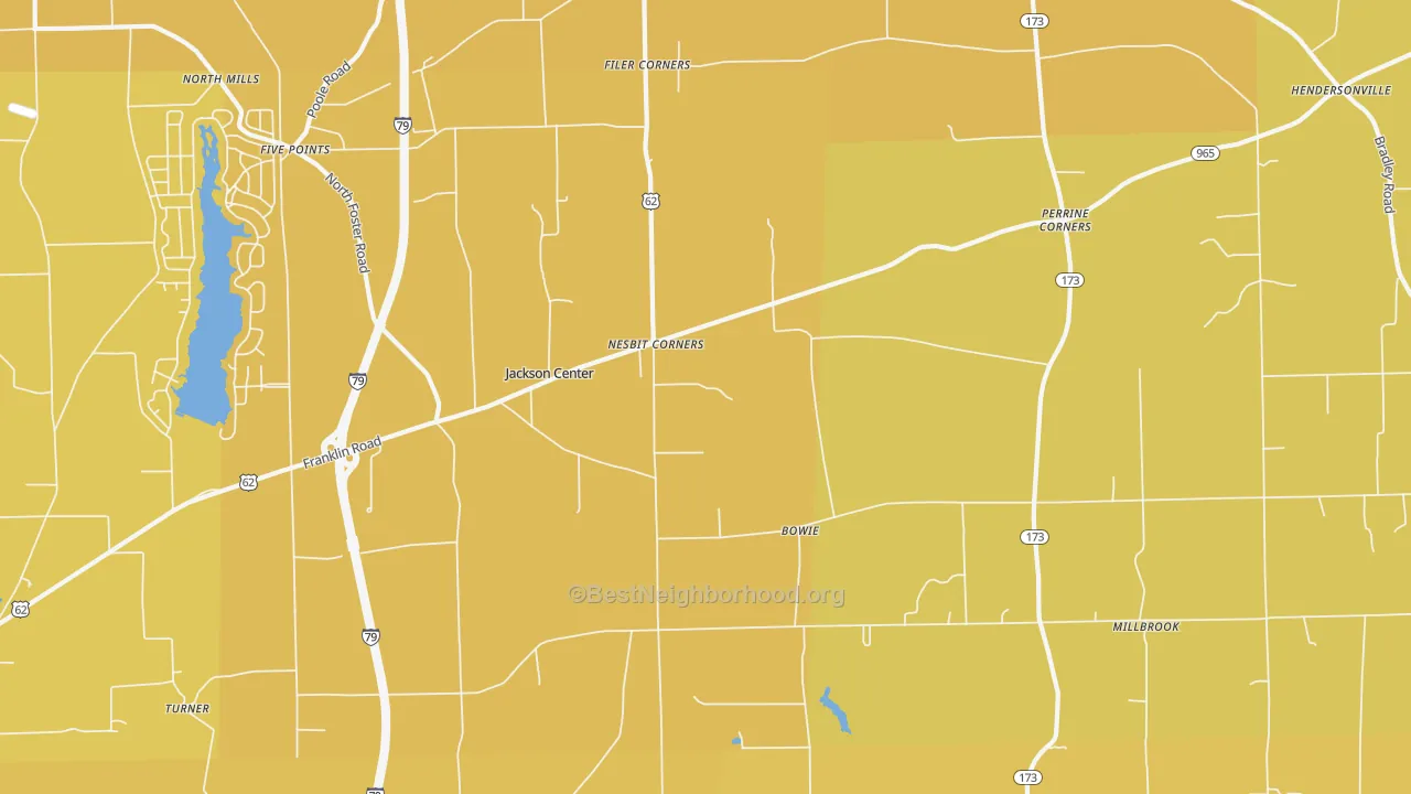 Map of the best neighborhoods in the 16133 area, with better matches in green and worse matches in red
